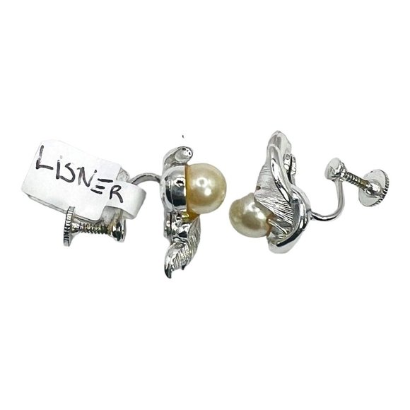 LISNER Vintage 60s Silver Leaf Faux Pearl Screw Back Earrings, Signed - Picture 10 of 11